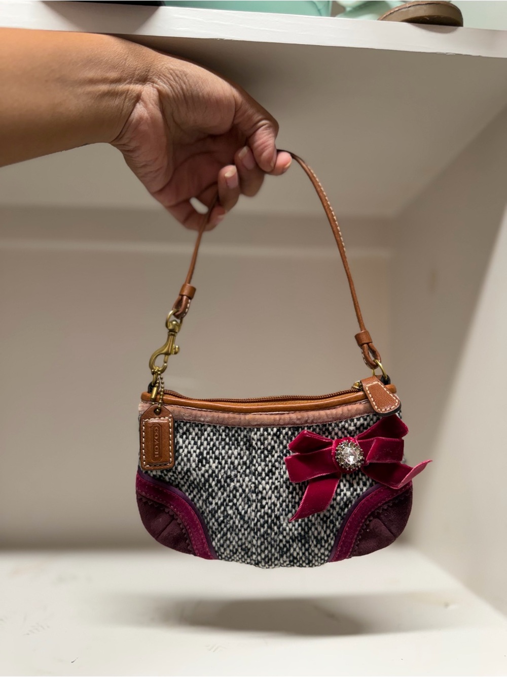 Y2K coach Tweed Wristlet with Burgundy Velvet Bow